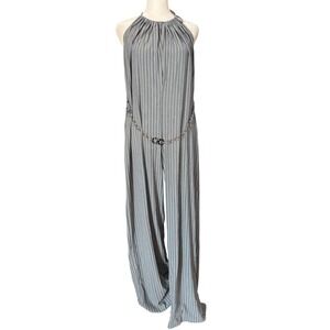 VTG Chesley Jumpsuit Women's 2X Blue Strips Y2K Halter Top Pullover Sleeveless